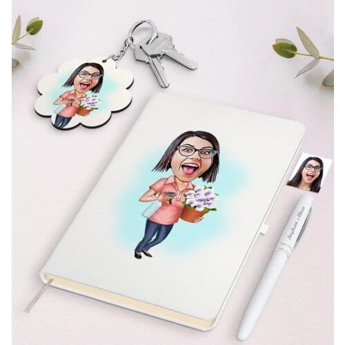 Personalized Housewife Caricature Of White Notebook pen And Keychain Gift Seti-2 Reliable Quality Gift Casual design