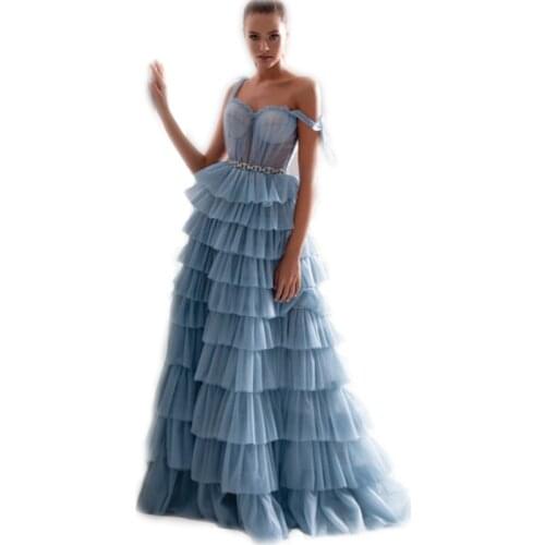 Blue Tiered Skirts Evening Dress A Line Bead Belt Sweep Train Spaghetti Prom Dresses Ruffles Vestidos Formal Celebrity Gowns