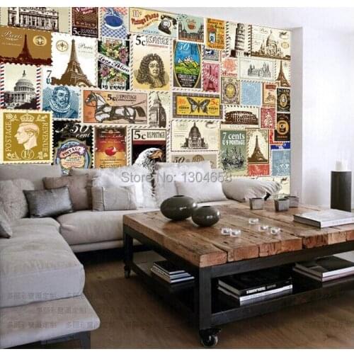 Custom 3D mural retro stamps personality wallpaper office Coffee hall bar TV setting wall mural vinyl wallpaper papel de parede