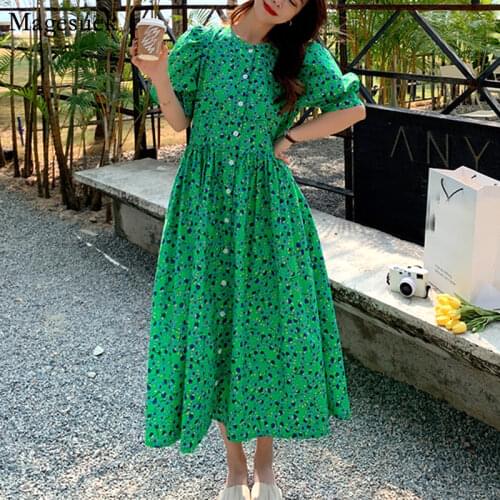 Chic Summer Floral Dress Woman Green O-neck Vintage Puff Sleeve Print Dress Lady Casual Loose Waist Long Dresses Vestidos 15686