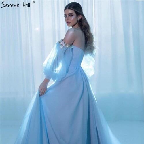 Blue Off Shoulder Long Sleeves Evening Dresses Handmade Flowers A-Line Sexy Formal Dress 2020 Serene Hill LA6491
