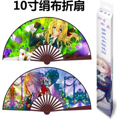 Anime Violet Evergarden Folding Fan Bamboo Silk Cloth Hardcover Summer Folding Hand Fan Toy Gift with Box 10" 33cm