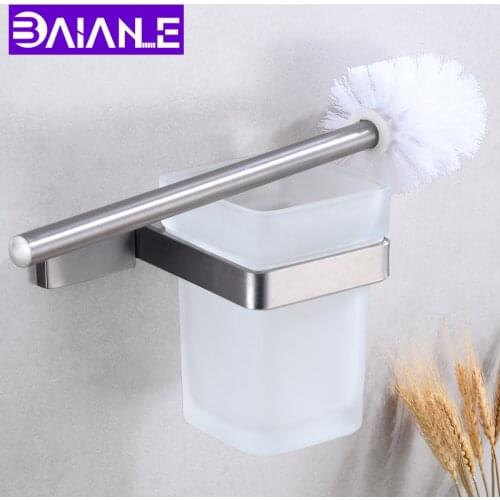 Modern Toilet Brush Holder Set Stainless Steel Wall Mounted Square Glass Cup Holder Bathroom Hardware Cleaning Brush Holder