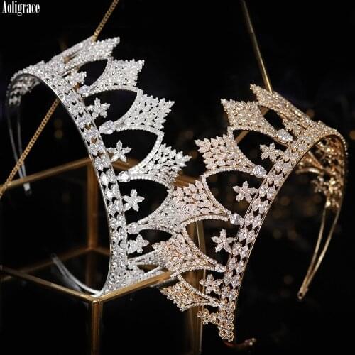 Cubic Zirconia CZ Zircon Luxury Tall Tiaras Gold Wedding Bridal Crowns Pageant Birthday Prom Party Headpiece Women Accessories