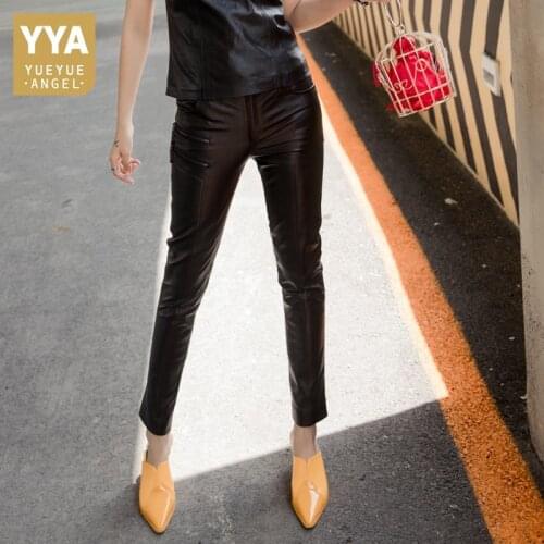 Spring Elegant 100% Genuine Leather Pants Women Fashion Office Slim Fit Pencil Pants Punk Black Zip Sheepskin Ankle Length Pants