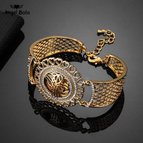 Middle East Jewelry Bracelets Arab Allah Bracelet Vintage Gold Color Flower Wide Cuff Bangle Muslim Islam Wedding Gifts