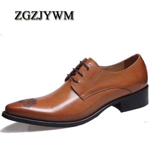 ZGZJYWM High Quality Fashion Mens Wedding Black/Brown Lace-Up Pointed Toe Flats Business Genuine Leather Mens Dress Formal Shoes