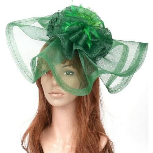 Handmade Big Feather Flower Fascinator Hairband For Women Green White Wedding Party Church Hats Bride Headband Hair Accessories