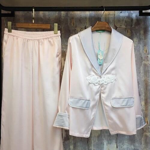 Womens Pajamas Set Satin Silk Shirts And Pants 2Pcs Pyjamas Girls Cute Nightie Sleepwear Contrast Color Casual Home Pj Set