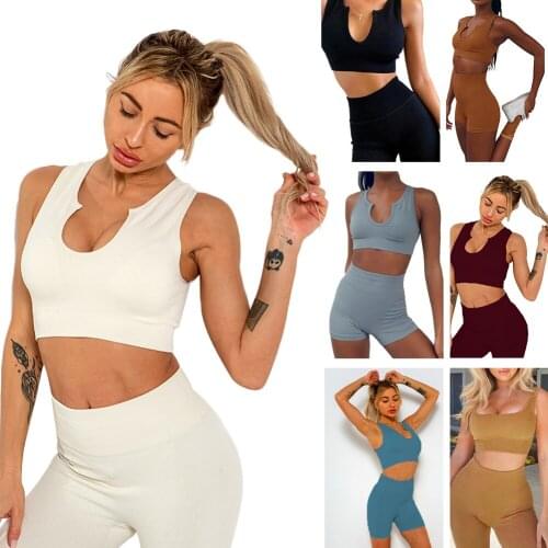 Womens 2-Piece Workout Set U-Neck Yoga Suit High Waist Seamless Tank Top and Leggings Sports Suit