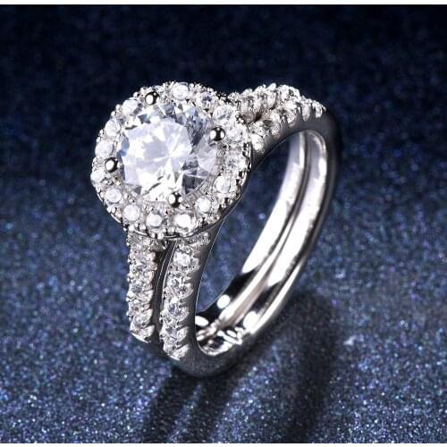 100% Genuine 925 Sterling Silver 2.4ct Simulated Diamond Halo Wedding Ring Sets Engagement Ring For Women Bridal Jewelry 2-in-1