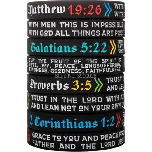 300pcs Matthew 19:26 Galatians 5:22 Proverbs 3:5 2 Corinthians 1:2 Religious Silicone Wristband Bracelet Free Shipping By DHL