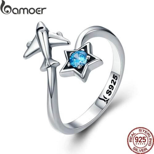 BAMOER 100% 925 Sterling Silver Trendy Star Tours Star & Plane Female Finger Rings for Women Sterling Silver Jewelry Anel SCR322