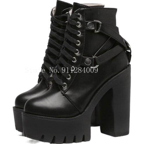 Fashion Black Boots Women Heel Spring Autumn Lace-up Soft Leather Platform Shoes Woman Party Ankle Boots High Heels Punk