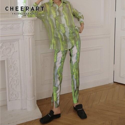CHEERART Tie Dye Green Split Hem Pants Women High Waist Rayon Silk Trousers Straight Long Pants Street 2020 Fall Fashion