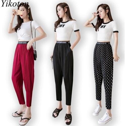 Casual Black Polka Dot Pleated Pants For Women Loose-Fitted Bloomers Womens Summer Carrot Pants Harem Elastic Waist High Korean
