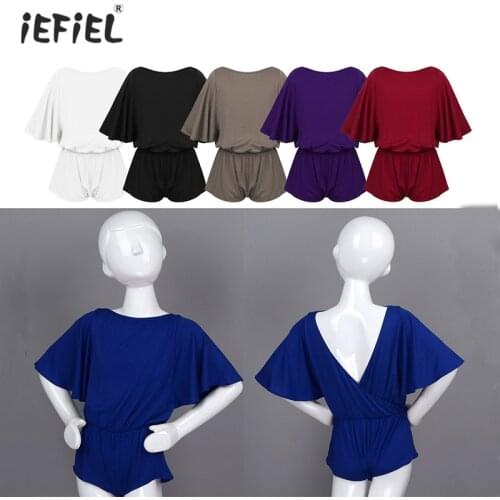 Kids Girls Batwing Sleeves Praise Lyrical Dance Dress Toddler Dancewear Elastic Waist V-Back Loose Short Jumpsuit Ballet Costume