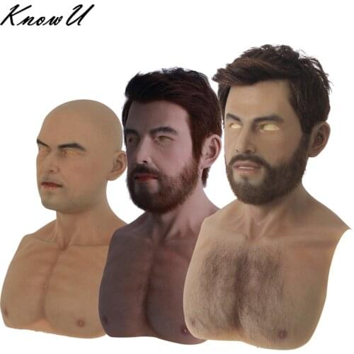 KnowU Silicone Male Mask with Chest Hair Eyebrows Open Mouth Headgear Cosplay Crossdress