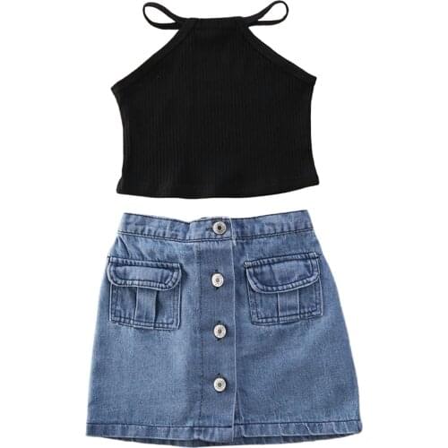 Toddler Kids Baby Fashion Outfits Clothes Set Black Vest Tank Top & Denim Mini Skirts 2PCS Outfit 1-6Y