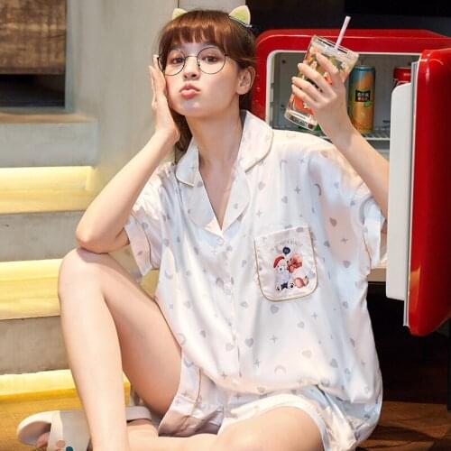 Summer Pajamas Women Sleepwear Cartoon Pajama Loose Version Set Silk Short Sleeved Shorts Suit Plus Size XXXL