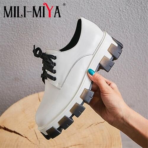 MILI-MIYA Fashion British Genuine Leather White Sneakers Round Toe Platform Casual Lace Up School Vulcanized Shoes Black