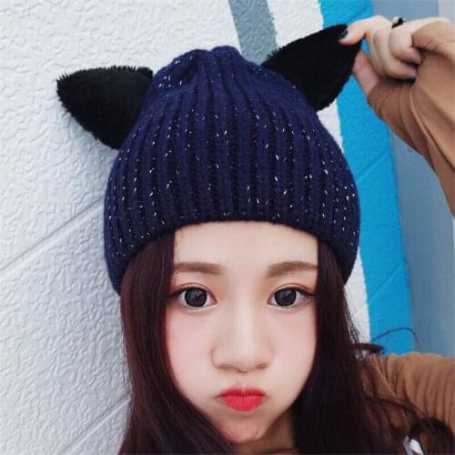 Mingjiebihuo New fashion autumn and winter cute generous knitted wool hat Plush cat ears Warm and wild women girls hat