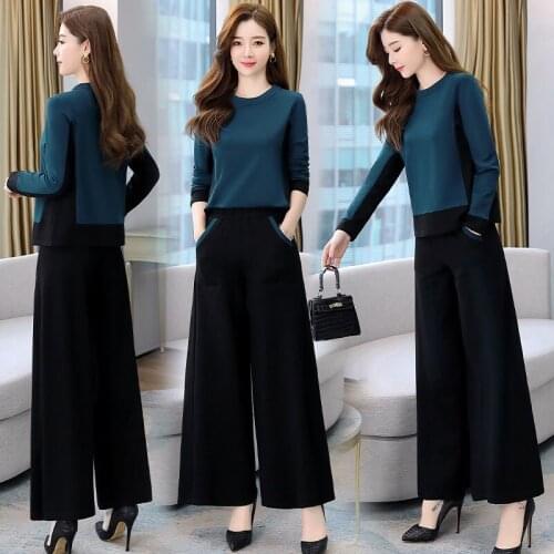 Fashion New Womens Suits Spring Autumn Casual Tops & Wide leg pants Elastic Waist Long pants Two Piece Sets Female Plus Size