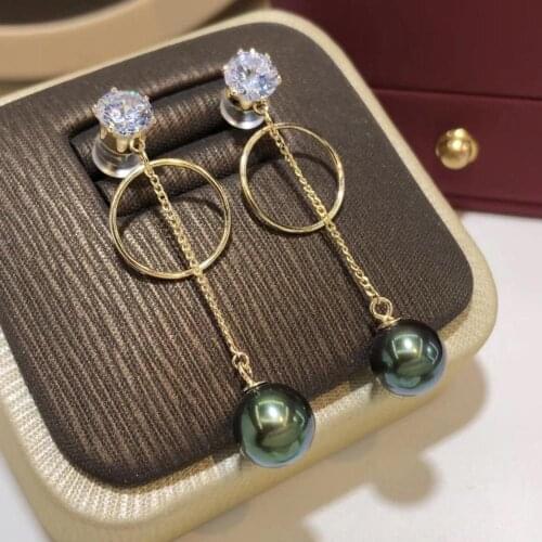 D524 Pearl Earrings S925 Sterling Silver Round 7-8mm Nature Fresh Water Peacock Green Black Pearls Drop Dangle Earrings