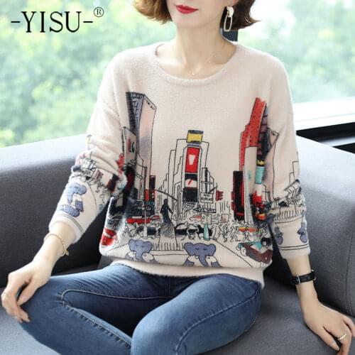 YISU Cartoon Print Sweater 2020 Fashion New O-Neck Long sleeve Female Pullovers Imitation mink Jumper Knitted Loose Warm Sweater
