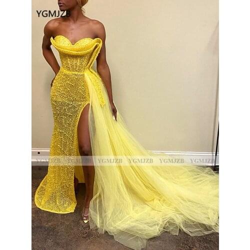 Yellow Long Mermaid Prom Dresses 2020 Glitter Beaded Strapless Sexy Slit African Woman Black Girl Formal Evening Party Gowns