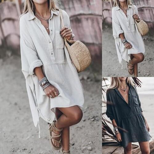 Women Casual Solid Color Long Sleeve Pocket Buttons Loose Knee-length Dress