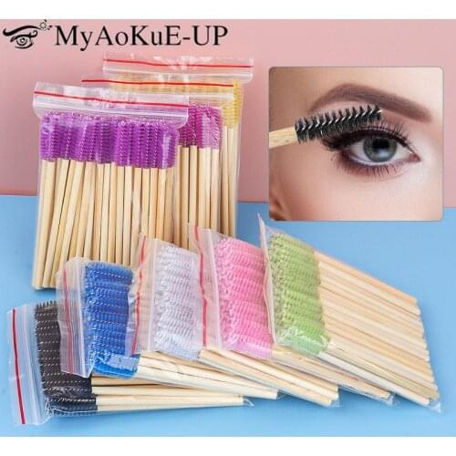 50Pcs Lash Brush Disposable Applicators Eyelash Extension Brush Supplies Makeup Tool Bamboo Handle Micro Spoolie Eyebrow Brush