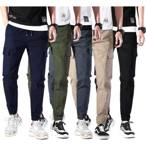 New Mens Casual Pants Elastic Waist Solid Color Stretch Multi-pocket Trousers Free Shipping
