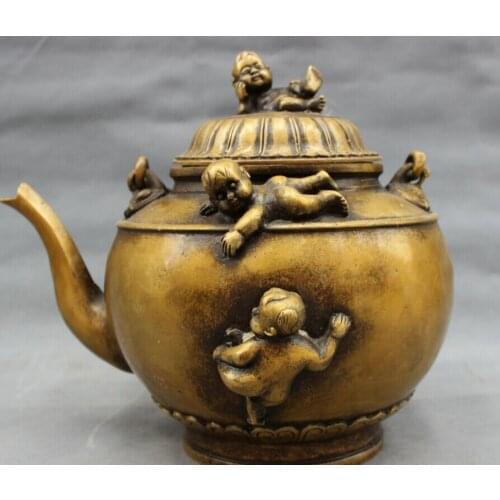 Fast shipping USPS to USA S1553 12" Chinese Bronze Sculpture Folk Buddhism Children Kid Statue Wine Pot Teapot