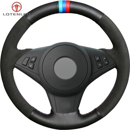 LQTENLEO Black Genuine Leather Suede Car Steering Wheel Cover for BMW E60 E61 530d 545i 550i E63 E64 630i 645Ci 650i 2003-2010