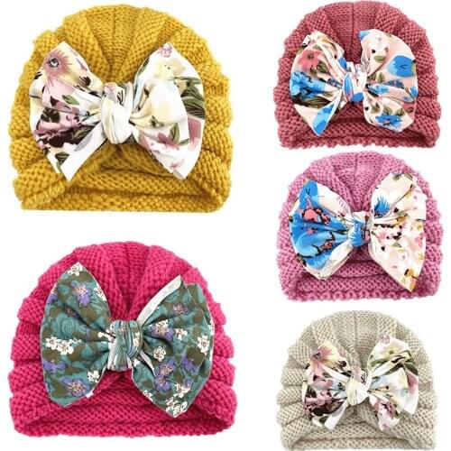 Bows Baby Hat Warm Winter Crochet Kids Girl Bonnet Hat Knitted Flower Printed Infant Toddler Beanie Cap Turban Baby Accessories