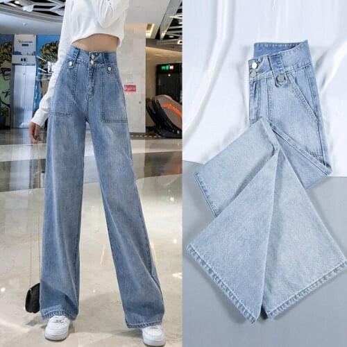 Mom Jeans High Waist Thin Straight Loose-fitting Pants Women Personality Pocket Wide-leg Pants 2021 New Spring Woman Jeans