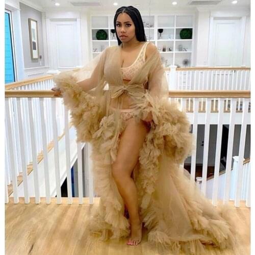 Khaki Sexy Prom Dresses Full Sleeves Ruffles Tiered See Thru Maternity Dress for Photoshoot Illusion Pregnant Evening Gowns