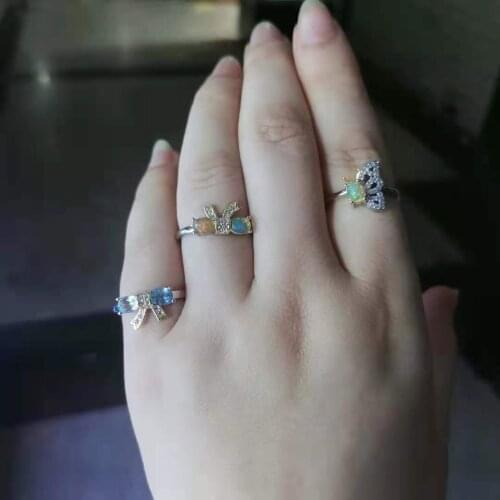 Wholesale Opal Natural Ring Butterfly Ladies Bow S925 Sterling Silver Inlaid Adjustable Size Anillos Mujer Fashion Jewelry