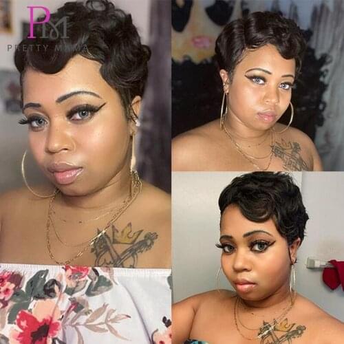 Short Wave Pixie Cut Human Hair Wigs Bob Wig Brazilian Remy Hair Full Machine Made Cheap Wigs for Women 150 Density Pretty Ma Ma