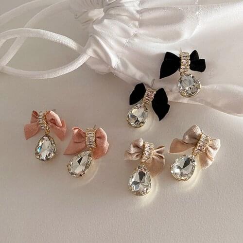 MENGJIQIAO Korean Fashion Velvet Bowknot Drop Earrings For Women Girls Elegant Waterdrop Crystal Pendientes Party Jewelry