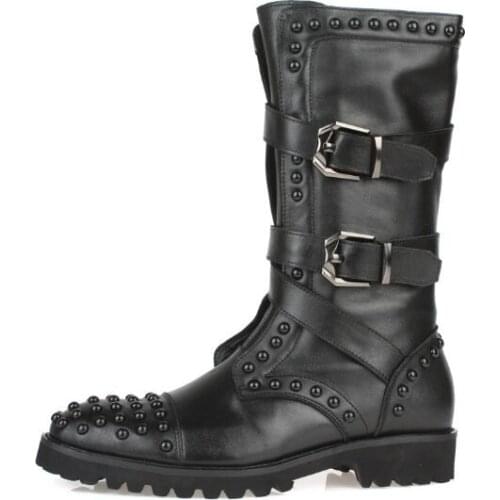 High top men boots winter Martin boots men genuine leather Rivet pointed toe black High boots