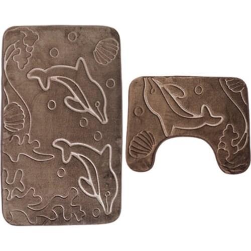 Bath Mats Set Bathroom Carpet U Shape Toilet Seat Cover Cushion Rug Soft Toilet Mat and Cushion Cover Dolphin Pattern Brown Blue