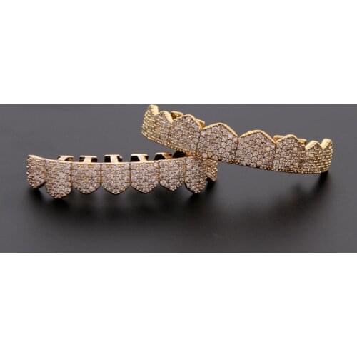 Custom Fit Gold Silver Color Iced Out Hip Hop Teeth Grillz Micro Pave Cubic Zircon Top & Bottom Teeth Grills Set For Men Women