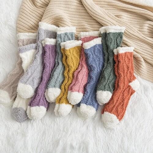 Candy Color Elastic Coral Fleece Winter Mid Soft Fluffy Socks Home Floor Bed Slipper Socks Breathable Kawaii Sock For Women