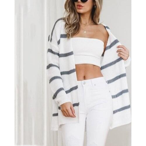 2020 Autumn New Sweater Women European And American Street Fashion Mid-Length Casual Long-Sleeved Striped Knitted Cardigan
