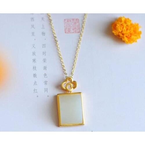S925 Sterling Silver Rectangular Pendant Inlaid Natural Hetian White Jade Square Plate Pendant Retro Ornament for Women