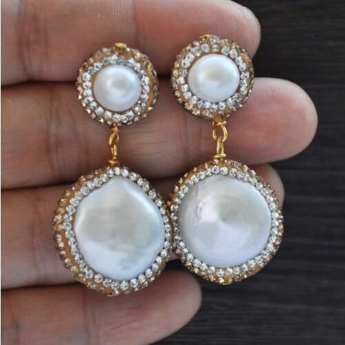 Z10533 22mm Coin White Round Pearl All CZ Dangle Earring