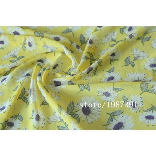145cm width Chiffon crepe fabric chrysanthemum pattern yellow background can see through for skirt suit-dress headband CH-7703