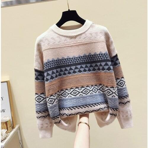 Sweater female art retro 2020 new fashion autumn and winter student Japanese diamond jacquard pullover sweater